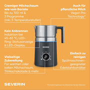 Espumador de leche por inducción SEVERIN SPUMA 700, espumador de leche eléctrico que no quema, espumador apto para lavavajillas, acero inoxidable cepillado/negro mate, SM 3586