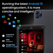 Tableta de 10.1", Android 15, pantalla in-cell, 20 GB (8+12) de RAM, 256 GB de ROM, 1280x800, batería de 6000 mAh, Bluetooth, cámara dual, GMS, WiFi