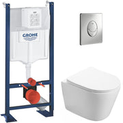 Pack WC suspendido completo con accesorios: bastidor autoportante Grohe, inodoro SAT Infinitio sin brida, placa cromada, asiento de inodoro, taza, cisterna y mecanismo.