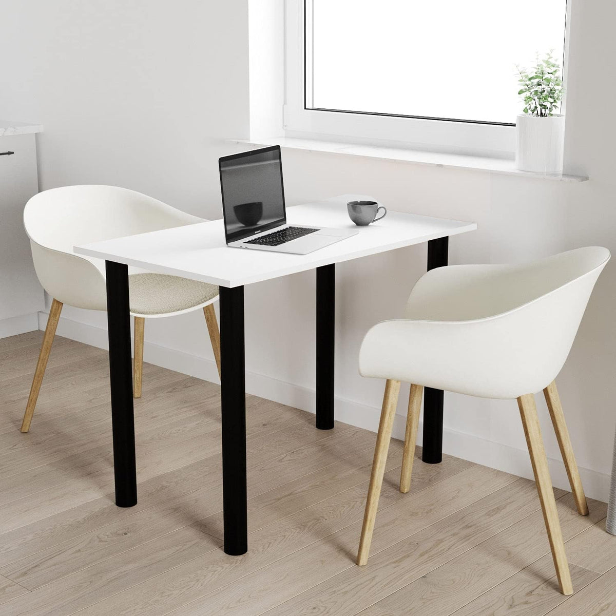 Mesa AKKE 80x60 | Mesa de comedor - Mesa de cocina - Mesa con patas NEGRAS - Mesa de oficina | Blanco
