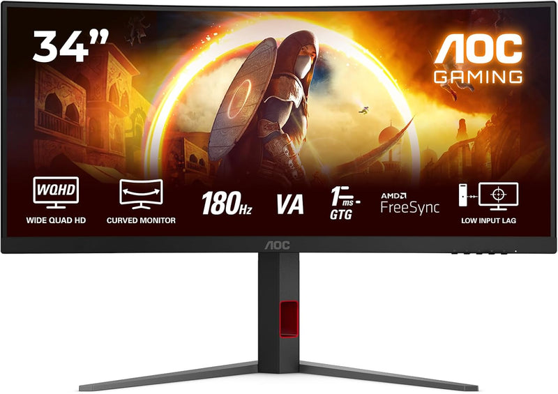 AOC Gaming CU34G4 - Monitor Quad HD de 34 pulgadas, 180 Hz, 1 ms, FreeSync Prem., HDR10 (2560x1440, 1x HDMI 2.0, 1x DisplayPort 1.4) Negro-Rojo