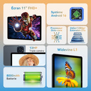 Tableta T90 con teclado y lápiz óptico - Primera tableta Android 16 del mundo, 11 pulgadas, 1920x1200 FHD+, 24 GB RAM+128 GB ROM / 2 TB TF, Octa-Core, 8000 mAh, 13 MP+5 MP, Widevine L1, Face ID