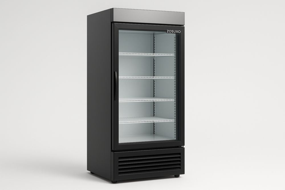 Armario refrigerado con puerta de cristal, 5 estantes, 185 cm, negro