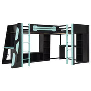 Litera tipo loft en forma de L para juegos con escritorios, litera doble con luces LED, puertos USB, estanterías de almacenamiento, cama alta esquinera de madera para 2 personas