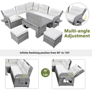 Conjunto de sofá seccional de ratán para exteriores con mesa ajustable y sillones reclinables