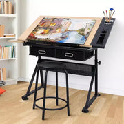 Mesa de dibujo de altura ajustable, mesa de arte inclinable de 0-75° para adultos, escritorio para artistas con 2 cajones de almacenamiento y taburete