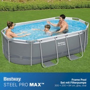 Set de piscina con estructura Bestway Power Steel con bomba de filtro 305 x 200 x 84 cm, gris, ovalada