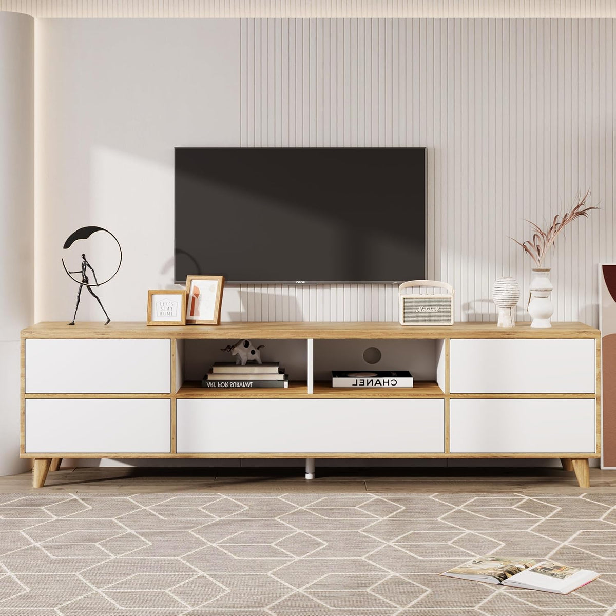 BTM Mueble de TV rústico, banco de TV con compartimentos y puertas, para salón, comedor, dormitorio, almacenamiento práctico, blanco y madera natural, 175x37x51 cm
