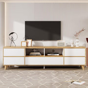 BTM Mueble de TV rústico, banco de TV con compartimentos y puertas, para salón, comedor, dormitorio, almacenamiento práctico, blanco y madera natural, 175x37x51 cm