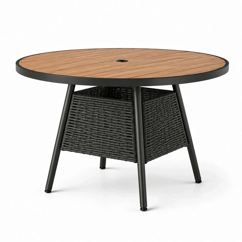 Mesa de jardín redonda con orificio para sombrilla y cesta de almacenaje, Ø 110 × Al 75 cm, marrón/negro