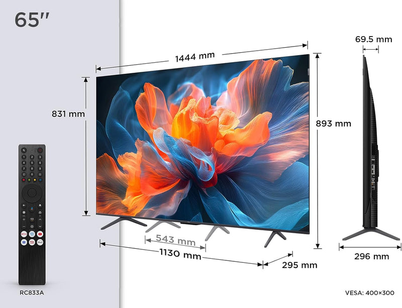 Televisor TCL 65T8C 65" QLED 4K HDR Ultra HD, Smart TV con Google TV (Dolby Vision y Atmos, 144Hz Motion Clarity Pro, FreeSync, sonido Onkyo 2.1, control por voz)