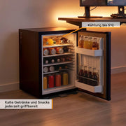 Mininevera TZS First Austria 40L silenciosa, con cerradura, luz interior, puerta reversible, minibar para camping, hotel, clase energética E