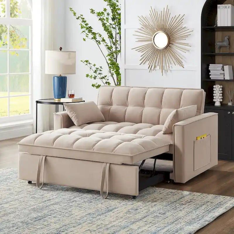 Sofá Cama Biplaza 4 en 1 con Apoyabrazos y Bolsillos de Almacenamiento, Sofá Cama Extraíble Tapizado Multifunción con Respaldo Ajustable