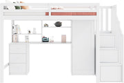 Cama alta infantil Merax 90x200 cm, con armario, escritorio, cajones y estantes, litera con escalera, somier y protección anticaídas, sin colchón, blanco/251×94×165 cm