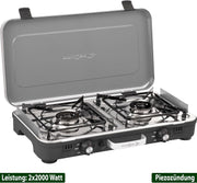 BRUNNER: Hornillo de camping de mesa 2 en 1 de 2 fuegos de acero inoxidable, barbacoa de gas y cocina de gas - POWERKOOK 50mbar con 1 cacerola + 1 plancha - con regulador de gas y manguera de gas