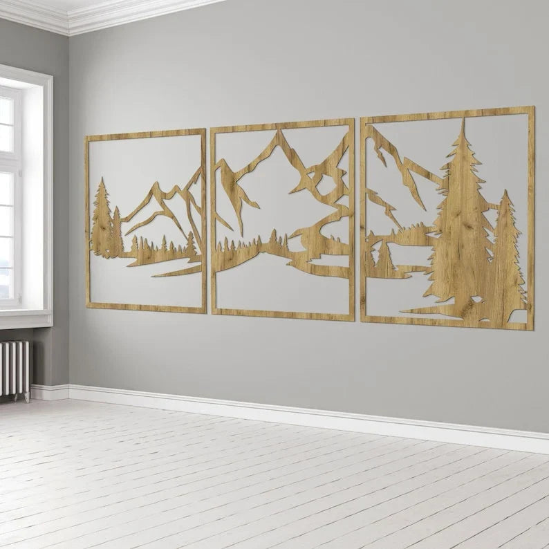Arte de pared de montañas en madera, HDF 3 mm, decoración de pared rústica para sala de estar, dormitorio, oficina