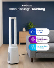 Ventilador sin aspas Pro Breeze OmniAir de 105 cm con purificador de aire: ventilador inteligente para el hogar, Wi-Fi, aplicación, filtro HEPA 13, 10 velocidades: ventilador de torre muy silencioso, 5 modos, oscilación automática de 75°