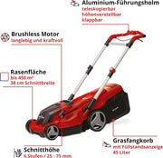 Cortacésped inalámbrico Einhell RASARRO 36/38 Kit Power X-Change (36 V, 38 cm de ancho de corte, 450 m², sin escobillas, función de mulching, bolsa colectora de 45 l, incl. 2 baterías de 4,0 Ah + cargador doble)