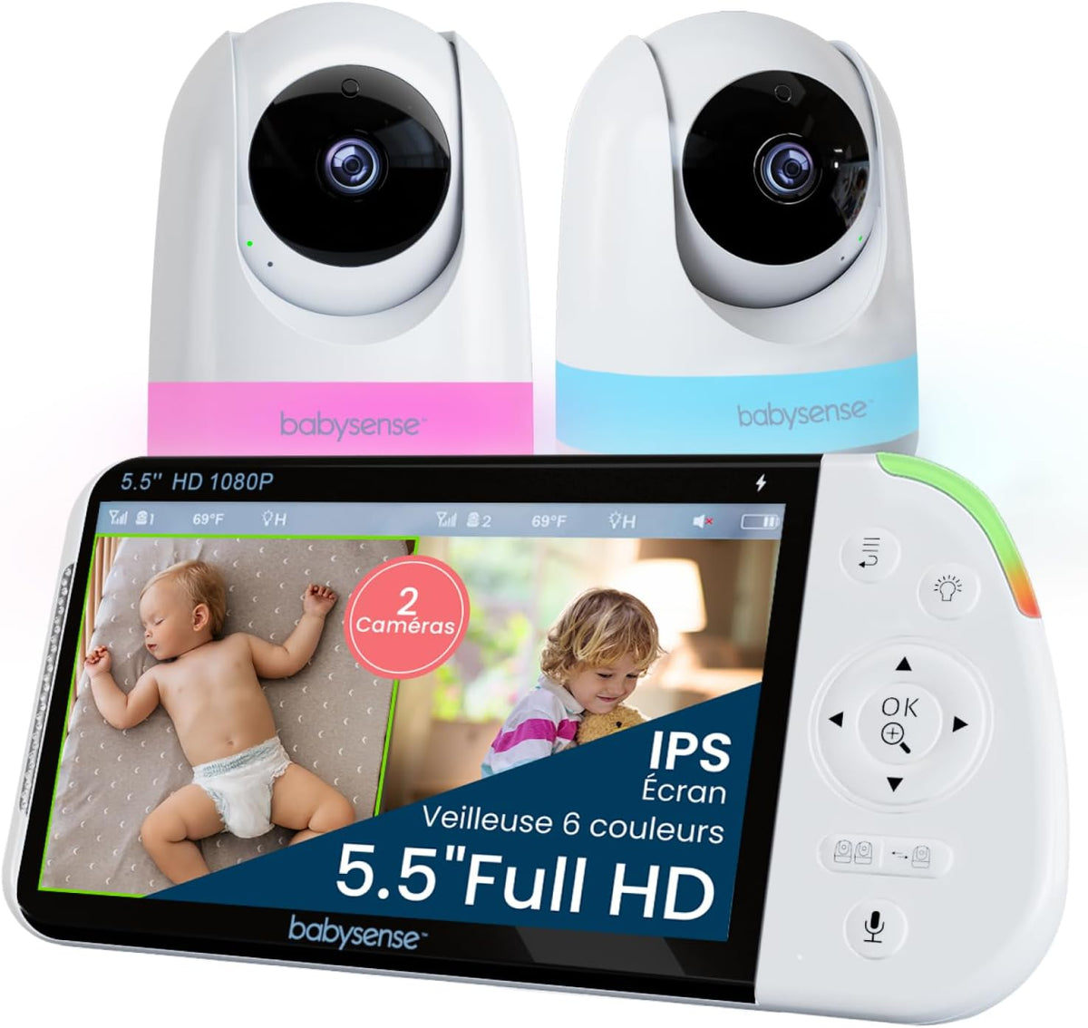 Babysense - Vigilabebés Full HD con pantalla dividida - Con 2 cámaras - Luz nocturna de 6 colores - Máquina de ruido y luz - Batería de 20 horas - Conexión segura sin WiFi