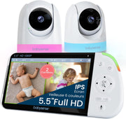 Babysense - Vigilabebés Full HD con pantalla dividida - Con 2 cámaras - Luz nocturna de 6 colores - Máquina de ruido y luz - Batería de 20 horas - Conexión segura sin WiFi