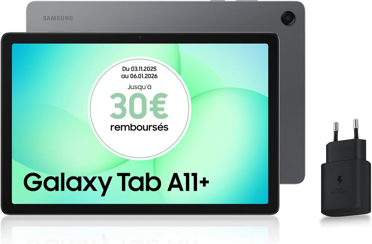 Samsung Galaxy Tab A11+ 5G 11" 128 GB, Tablette Android IA, diseño fino y elegante, pantalla de 90 Hz, 6 GB de RAM, 4 altavoces, Dolby Atmos, gris, cargador de red rápido de 25 W incluido, versión FR