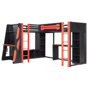 Litera tipo loft en forma de L para juegos con escritorios, litera doble con luces LED, puertos USB, estanterías de almacenamiento, cama alta esquinera de madera para 2 personas