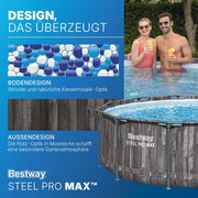 Piscina desmontable redonda Bestway 366x100 cm, set con bomba de filtrado, aspecto madera | 9.150 L, material TriTech de 3 capas, fondo con aspecto de mosaico de guijarros, incluye bomba de filtrado y escalera