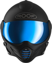 Casco de moto jet de alta gama ROOF Roadster de fibra de vidrio con mentonera magnética extraíble, pantalla iridio incluida – Color Iron negro mate/azul - Venta directa de fábrica - Garantía de 4 años