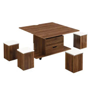 Mesa de centro elevable moderna multifuncional Zeus & Ruta con almacenamiento oculto, 4 taburetes y ruedas, perfecta para espacios modernos