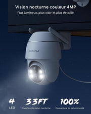 Cámara de vigilancia WiFi exterior inalámbrica COOAU 4MP - 365 días con panel solar - Base + 4 cámaras - 2.5K | 64 GB de almacenamiento local | Panorámica 360° | Cero cuotas mensuales | Compatible con Alexa