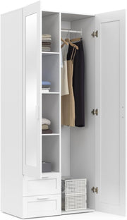 IDMarket - Armario VITO de 2 puertas blanco de 80 cm con 2 cajones, espejo y estantes