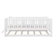 Estructura de cama individual con nido y barandilla, cama de plataforma de perfil bajo con escaleras para niños y niñas