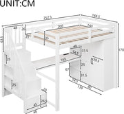 Cama alta de 140x200 con escritorio y estantería, armario, escalera con almacenaje, USB y luces LED, blanco