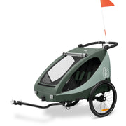 hauck Remolque de bicicleta y cochecito Dryk Duo Plus con suspensión, para 2 niños (6-48 meses), incluye barra de tiro, rueda de cochecito, bandera y luz LED, plegable, altura ajustable, maletero XL (verde oscuro)