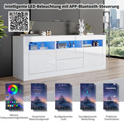 Mueble para TV Merax con iluminación LED, mueble bajo de 160 cm en blanco de alto brillo, sistema de apertura por presión, gran espacio de almacenamiento para salón, control por Bluetooth para la iluminación LED
