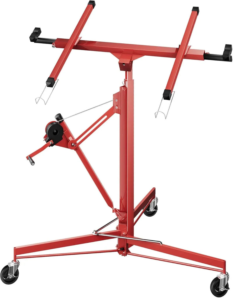 Elevador de placas XXL 50790 para paneles de yeso, capacidad de carga 68 kg, altura 140–350 cm, ancho 2,90 m, 3 ruedas con freno de bloqueo, rojo
