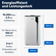 De'Longhi Pinguino PAC EL112 CST WiFi, aire acondicionado portátil con tecnología MyEcoRealFeel para habitaciones de hasta 110 m³, 11.000 BTU/h, 2,9 kW, 63 dB, función de deshumidificación, A+, control por aplicación y voz, blanco