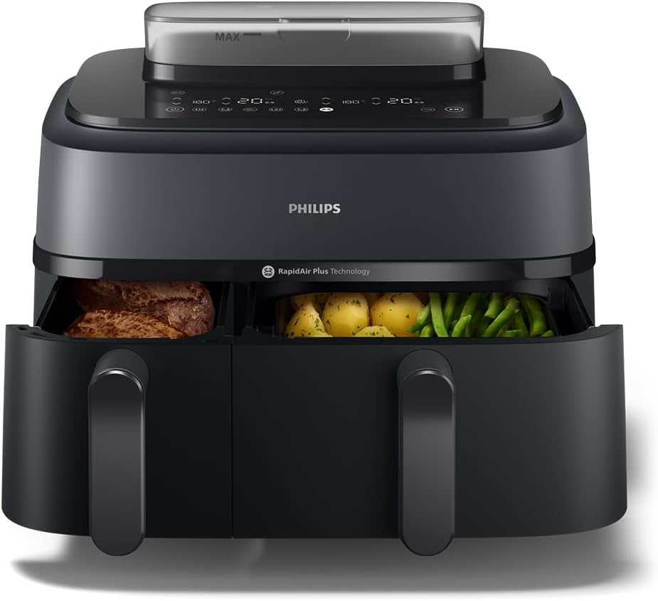 Philips Airfryer Serie 5000 - Freidora de aire de doble cesta con cocción al vapor, 9 L, RapidAir, 19 modos de cocción, hasta un 90 % menos de grasa, AirSteam, limpieza al vapor, HomeID (NA550/00)