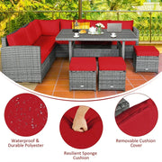Conjunto de muebles de comedor para patio de 7 piezas de ratán con sofá seccional, mesa de comedor, otomanas y cojines