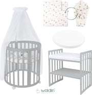 Cuna ovalada evolutiva Waldin, set completo 7 en 1, cuna de barrotes, cama infantil con colchón, cambiador, cuna colecho, madera blanca