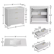 Conjunto de tocador de baño moderno estriado con lavabo de cerámica integrado, mueble de baño independiente con 3 cajones para baño contemporáneo