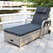 Tumbona de jardín, hamaca de ratán con espacio de almacenamiento y respaldo reclinable, mueble de jardín móvil con cojín, poliratán y metal, 200 x 75 x 30-92 cm (beige/gris oscuro)