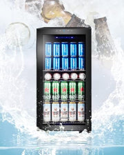 Refrigerador de bebidas Kalamera, nevera para cerveza con panel de control táctil, zona de refrigeración de 3-18 °C, refrigerador de botellas de 86 litros, iluminación interior LED azul, 41 dB, KRC-86GE