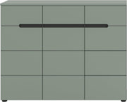 xonox.home - Cómoda para zapatos Canu 120x94x37 cm con cuerpo en imitación gris basalto y frente en imitación verde humo - Zapatero, cómoda, aparador alto, armario de almacenaje - práctico y moderno