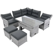 Juego de muebles de ratán para exteriores con mesa ajustable, sillones reclinables y 2 otomanas