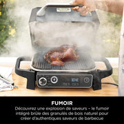 Barbacoa eléctrica Ninja Woodfire, parrilla, ahumador y freidora de aire, barbacoa de exterior 7 en 1, parrilla, freidora de aire, ahumar, asar, horno, resistente a la intemperie, antiadherente, portátil, gris/negro OG701EU