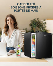 Mini refrigerador Upstreman de 46L con congelador, termostato ajustable, ahorro de energía, silencioso, refrigerador superior con puerta reversible, minibar para dormitorio, oficina, hotel, negro brillante-FR17