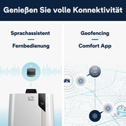 De'Longhi Pinguino PAC EL112 CST WiFi, aire acondicionado portátil con tecnología MyEcoRealFeel para habitaciones de hasta 110 m³, 11.000 BTU/h, 2,9 kW, 63 dB, función de deshumidificación, A+, control por aplicación y voz, blanco