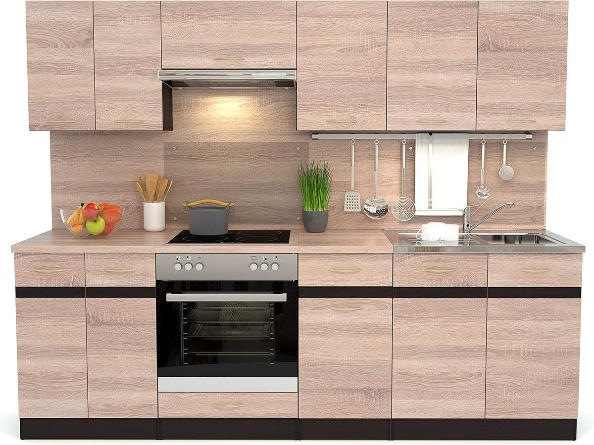 Cocina lineal FIWODO con electrodomésticos - AMPLIABLE - Cocina, cocina equipada en color: Roble Sonoma, 240 cm, con fregadero, grifería, placa, horno, campana extractora, PRODUCTO NUEVO con GARANTÍA
