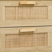 Finnhomy Juego de 2 mesitas de noche, mesas auxiliares con 2 cajones decorados a mano en ratán, de madera, con almacenamiento para dormitorio, natural